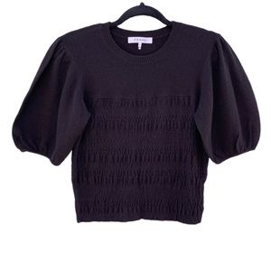 Frame Black Cashmere Smocked Puff Sleeve Sweater Shirt Sz S